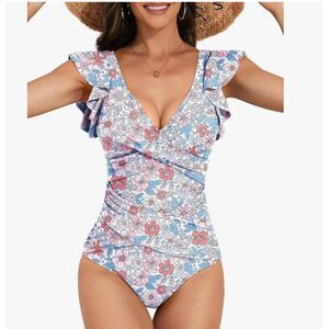 B2Prity Floral One Piece Swimsuit Blue Pink Ruffle Neckline Removable Cups L